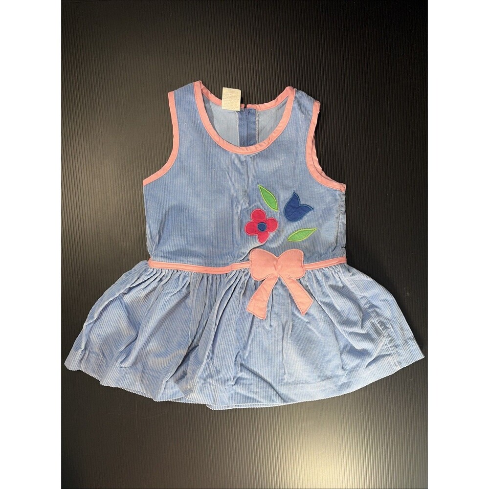 Vintage Girl's 3T Light Blue Corduroy Jumper Dress Spring Flowers And Bow